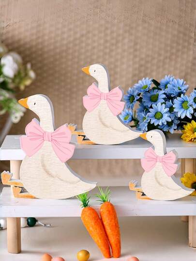 Set de 3 piezas Decoraciones de fiesta de madera con lazo rosa Ganso tonto, centro de mesa divertido para fiestas, baby shower, suministros para fiestas de cumpleaños