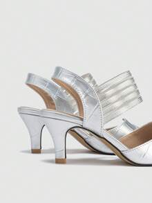 Zapatos de tacón alto tipo stiletto para mujer con punta puntiaguda, diseño asimétrico, banda elástica y relieve, para fiestas y reuniones, primavera/verano - Plateado - Ver 8
