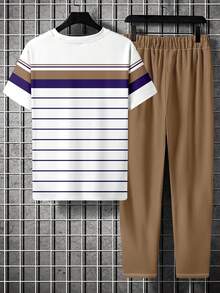 Men's Fashionable Printed Crew Neck Short Sleeve T-Shirt And Pants Set - Multicolor - View 4