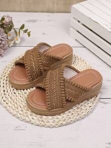 1 Pair Kids' Platform Striped Trim Decorated Summer Canvas Beach Girls Thick Flatform Sandals - Brown - View 1
