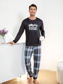 男士印花圆领长袖休闲舒适家居睡衣套装，春秋季 - 彩色 - 查看 5