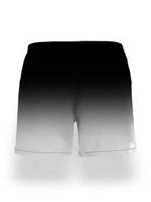 男士夏季黑白渐变印花图案抽绳腰斜插口袋夏威夷风速干双层网眼内衬短裤，饰有3D椰子树艺术印花，时尚休闲沙滩泳裤 - 黑與白 - 查看 4