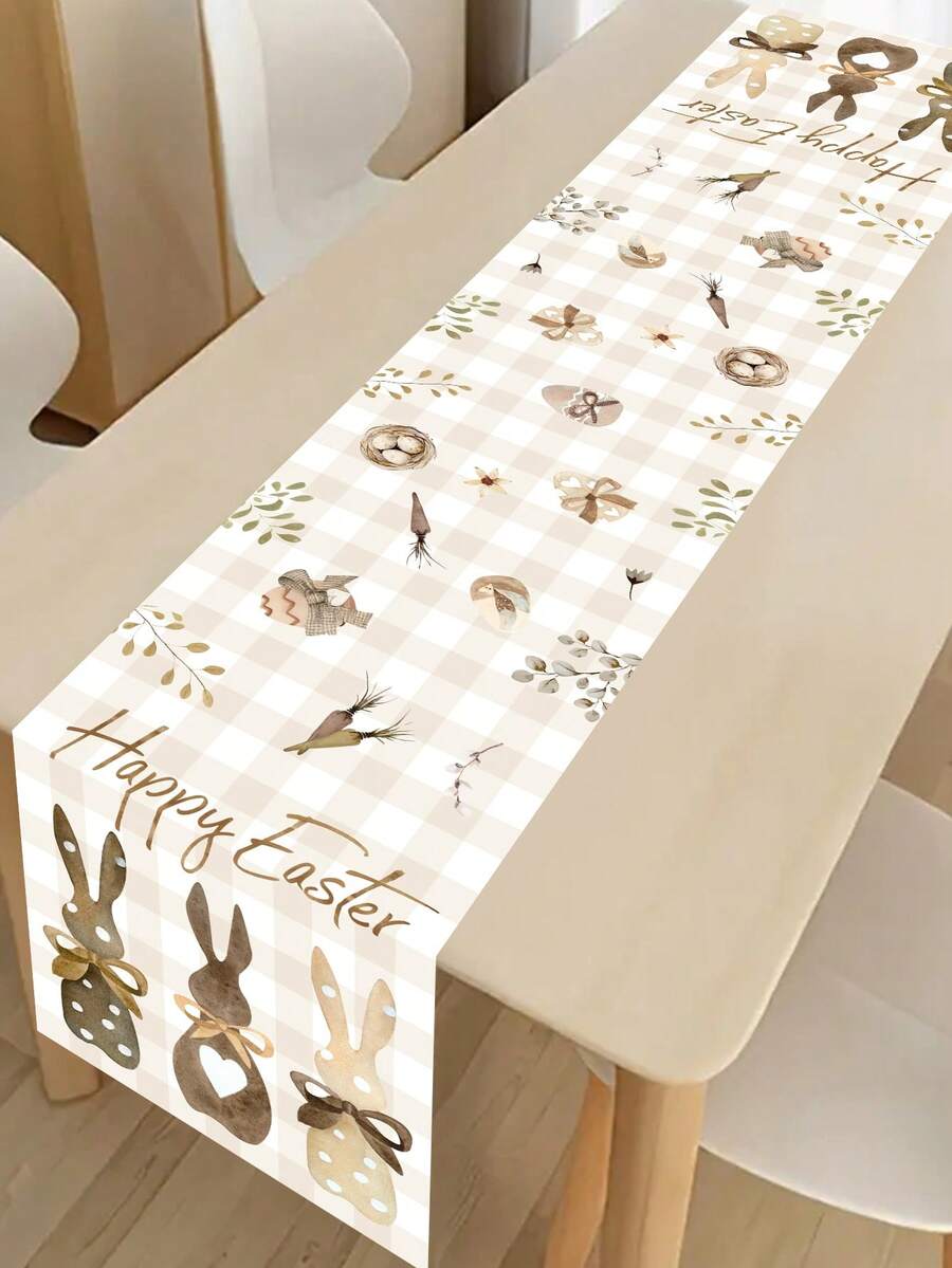 1 pezzo Runner da tavolo pasquale, 180x35cm, motivo coniglio di Pasqua a quadri buffalo in poliestere color caffè, runner da tavolo pasquale, decorazione per tavolo da cucina domestica, adatto per decorazioni per feste di primavera ed estate sia in interni che in esterni, ideale per celebrazioni di Pasqua - Multicolore - Visualizzare 1
