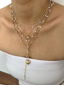 4/2 piezas Conjunto de collares multicapa en forma de Y, colgante elegante vintage de cruz con cristales de colores y strass, collar de cadena de metal con cuentas redondas minimalista, collar largo en forma de Y, diseño de moda elegante y retro, adecuado para vacaciones, fiestas, citas, regalos, uso diario - Amarillo Oro - Ver 11