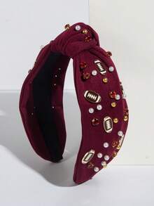 1pc Fashion Solid Color Fabric Sports Style Headband, Simple Personalized Gemstone Faux Pearl Decor, Versatile For Sports Events - Dark Red - View 4