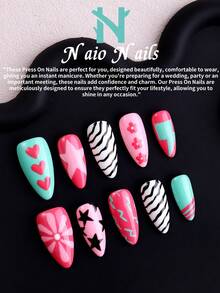NAIO 10片/包。手工制作的Y2K风格美甲贴纸，颜色包括马卡龙色、斑马纹法式美甲、心形、花朵、星星、闪电和柠檬图案。包含美甲工具（1张果冻贴纸+1个指甲锉）。适合女性和女孩参加派对、婚礼、日常佩戴，包含美甲工具，是送给女士的绝佳礼物。美甲用品，按压式美甲贴片。 - 彩色 - 查看 2