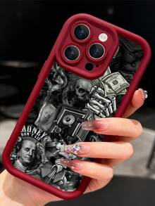 Money Skull Phone Case,Dark Art Style,Phone Case For IPhone 17 Pro Max 17 Air 17Pro 16 15 14 13 12 11 Pro Max,Wealth And Death Gift,Grim Reaper Theme,Dollar Bills Design,Skeleton Hand Shape,Gothic Art Gift Idea,Dark Humor Present,Monochrome Money Art,Vintage Style Skull Art - 紅色 - 查看 2
