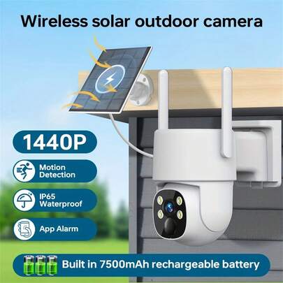 1个太阳能无线户外安防摄像头，4MP/2K超高清摄像头，带LED彩色夜视、移动侦测、双向语音和WiFi连接，内置高容量电池，适用于户外监控，摄像头配件和App控制