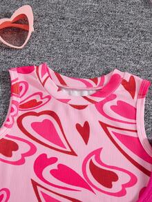 2pcs/Set Girls' Heart Print Sleeveless Ribbed Casual Dress, Outdoor - Hot Pink - View 7