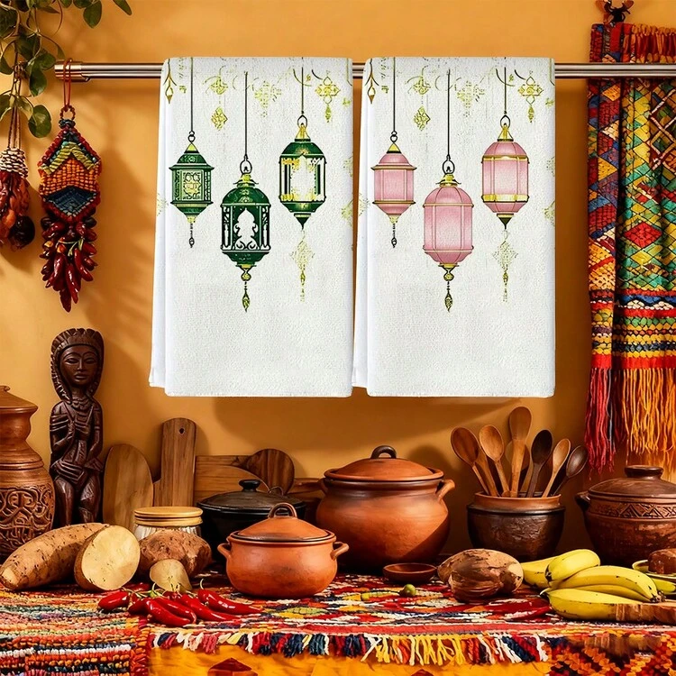 1/1/2 Sets Of Ramadan Themed Kitchen Towels - High Absorbency, Soft Polyester Fiber Dishwashing Towels Designed With Holiday Lanterns And Crescent Patterns, Simple And Elegant Style With A Size Of 40 * 60cm - Suitable For Cooking And Baking, Suitable For Decoration In Living Rooms, Kitchens, Dining Rooms, And Holiday Parties, And Can Be Used As Housewarming Gifts. - Multicolor - View 1