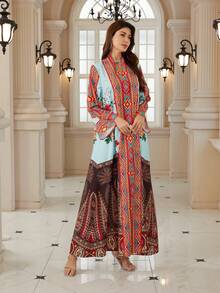 优雅女士V领长袖波西米亚印花连衣裙，采用柔软面料制成，展现充满活力的波西米亚风格 - BX20 - 查看 6