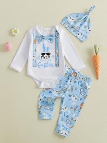 Conjunto de 3 piezas de primavera para bebés varones de Pascua, mono de manga larga con pajarita y pantalones con estampado de conejito, conjunto de gorro, ropa bonita para festivales de ocio, ideal para 0 a 18 meses. - Azul - Ver 6