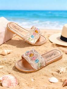 欧码 26-36 女童金色多层珍珠宝石装饰凉鞋，饰有多层珍珠，并点缀着蓝色、粉色、黄色、绿色宝石，设计奢华精致，适合主题派对、度假酒店和重要场合。 - 香檳色 - 查看 3