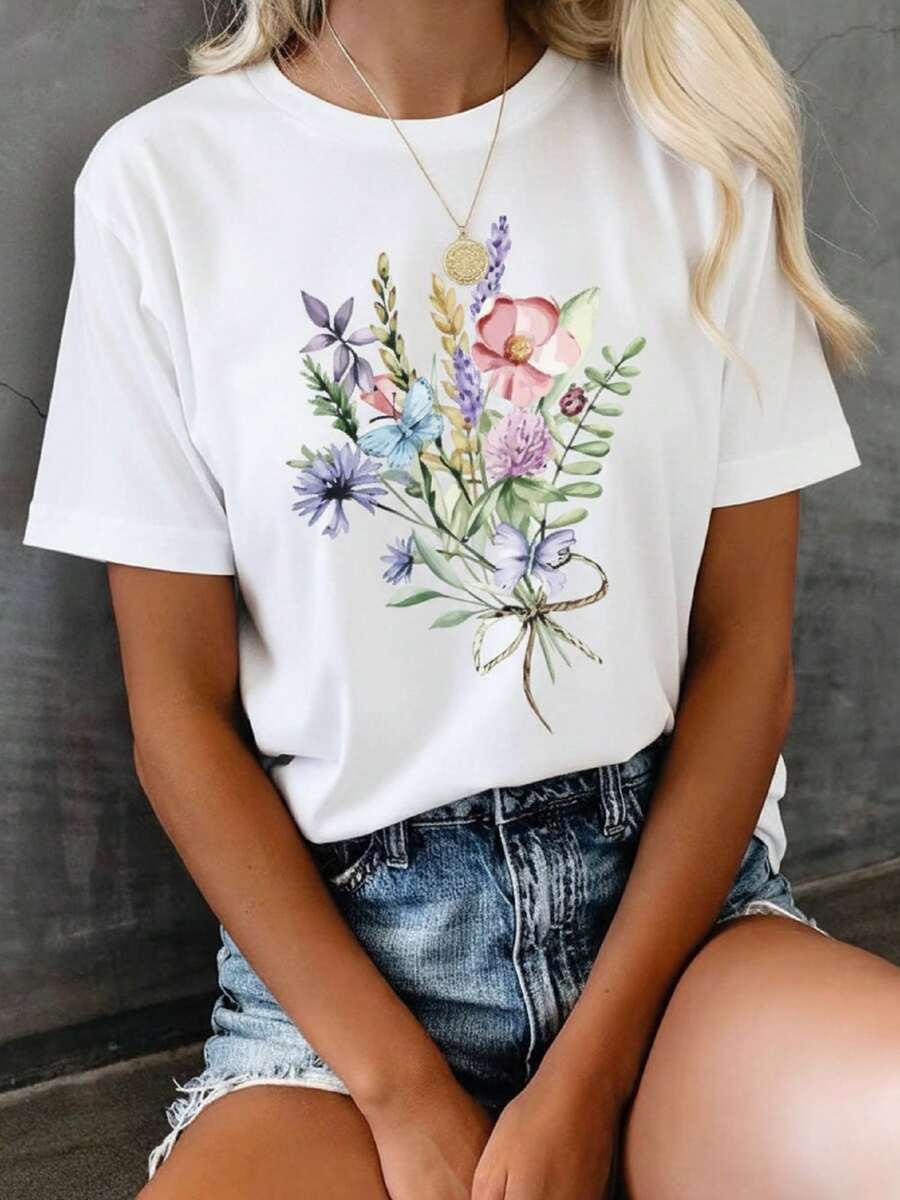 Women's T-Shirt With Elegant Floral Print, Boho Chic, Gift For Her, Cotton Blouse, Casual, Cute, Premium Knit, Short Sleeve, Round Neck Shirt - 白色 - 查看 1