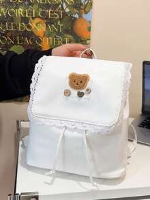 1 Diseño de mochila mini estilo Lolita dulce, decoración de oso de peluche + ribete de encaje, tela suave, ligera, cierre de cordón, adecuada para salidas y citas con amigos en primavera/otoño - Multicolor - Ver 5