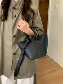 2026 早春新款棕褐色纹理手提包 | 女士简约小手提包，配有可调节肩带 - 黑色 - 查看 4