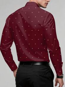 Men's Fashionable Printed Shirt, Spring/Autumn Casual Breathable Turndown Collar Button Long Sleeve Shirt - Burgundy - View 3