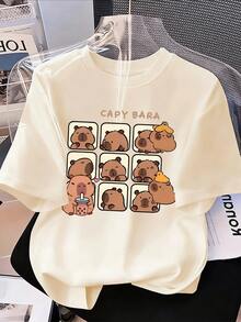 Camiseta de manga corta informal con cuello redondo y estampado de carpinchos para niña preadolescente - Albaricoque - Ver 3