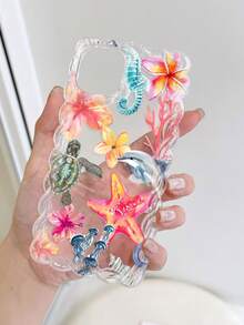 1 chiếc ốp lưng điện thoại silicon trong suốt chống rơi họa tiết sóng biển hình sao biển, rùa, sứa, dâm bụt, san hô, cá heo, tương thích với iPhone 11/12/13/14/15 Pro Max - Nhiều màu - Xem 2