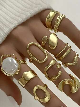 11-Piece Set Of Faux Pearl Inlaid Ring Layering Set, Elegant And Sexy Faux Pearl Polished Ring, Cold Style, Simple And Versatile Ring Set