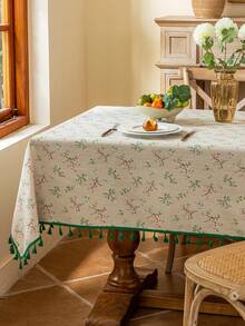 1件清新长方形桌布，绿色流苏装饰，适用于农舍、厨房、餐厅、客厅、派对、野餐、户外烧烤、家居装饰、春夏 - 彩色 - 查看 1
