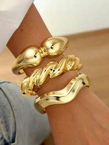 3 Peças Conjunto de Pulseiras Vintage Esmaltadas Elegantes e da Moda, com Desenho Geométrico Assimétrico Ondulado Texturizado, Ideal para Mulheres e Homens, Ótimo para Férias, Festa, Encontros, Presentes, Uso Diário - Ouro amarelo - Visão 2