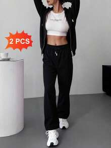 Conjunto de sudadera con capucha y cremallera para mujer -pantalones de pierna ancha, estilo casual y moderno, ideal para múltiples ocasiones. Tela suave y transpirable, diseño con detalles en negro y oro, - Negro - Ver 3
