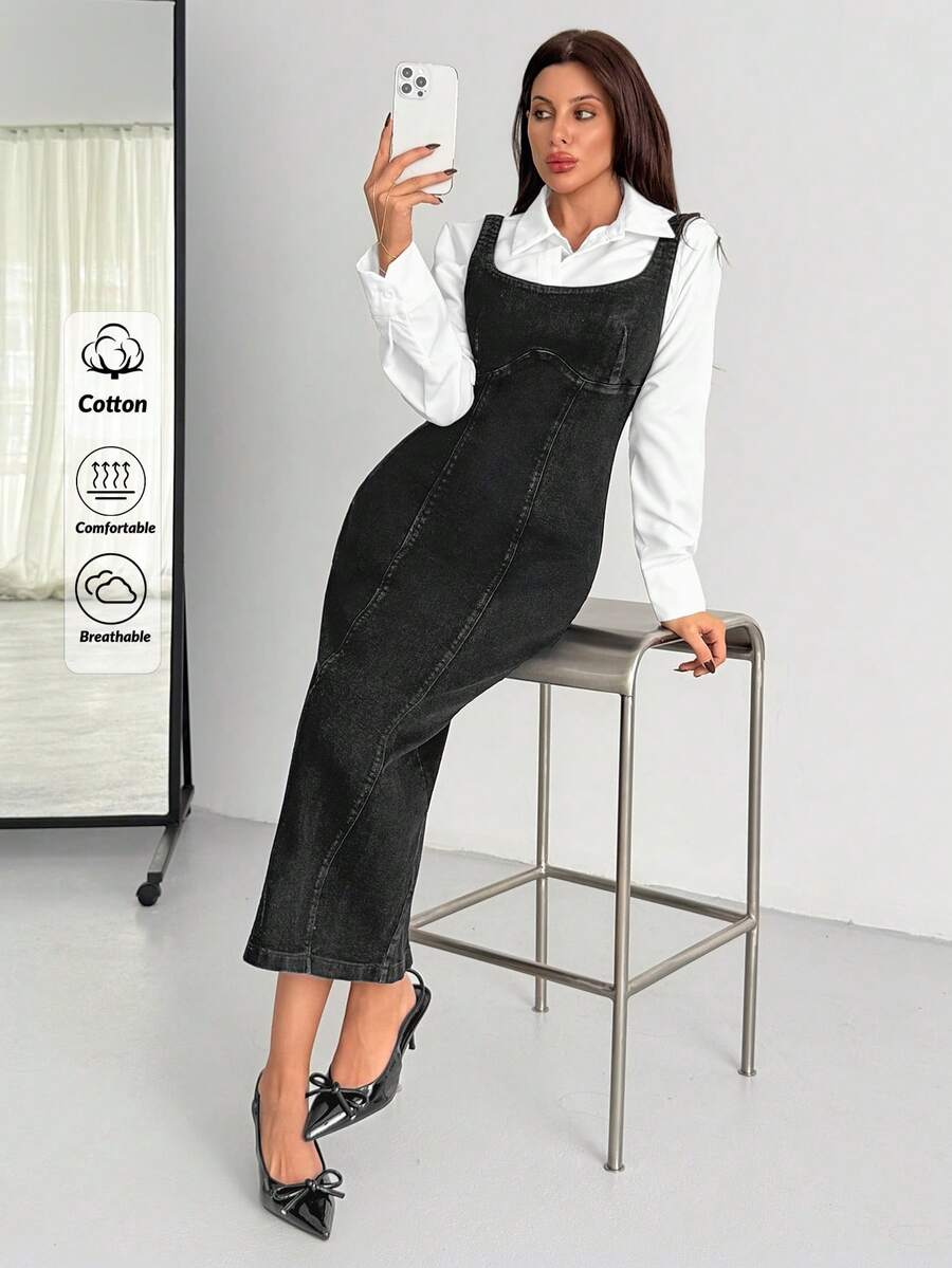 High Waist Plain Casual Comfortable Denim Pocket Zipper Button Jeans - Dark Wash - View 1