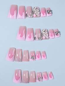 24片Y2K长棺材粉色法式美甲贴纸，3D合金星星、花瓣、水钻、蛇形装饰亚克力假指甲套装，包含：1片果冻胶和1个指甲锉，法式美甲，适合女性和女孩日常DIY、节日、派对等场合。美甲用品 - 彩色 - 查看 4