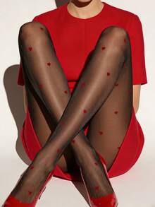1 Pair Sexy Women's Red Heart Print Black Thigh High Socks, Perfect For Party Outfits, Alluring Thigh-High Stockings - Black - View 4
