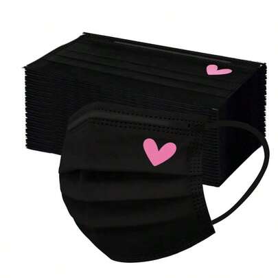 Black Heart-Shaped Disposable 3-Ply Non-Woven Fabric Face Mask, Skin-Friendly For Adults