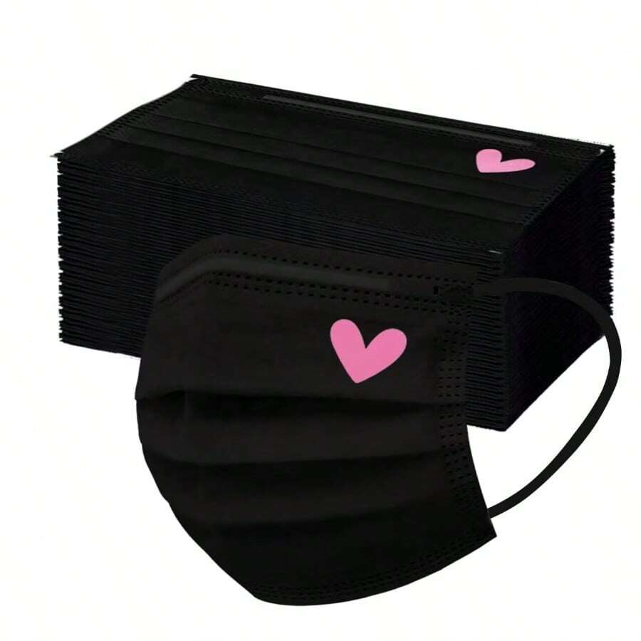 Black Heart-Shaped Disposable 3-Ply Non-Woven Fabric Face Mask, Skin-Friendly For Adults - Multicolor - View 1