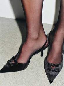 Women's Velvet Effect Embellished Pointed Toe High Heels - Coffee Brown - View 2