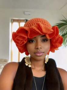 1 pieza Gorro de punto con volantes hecho a mano a ganchillo para mujer, sombrero tejido con volantes elegante para otoño/invierno - Multicolor - Ver 4