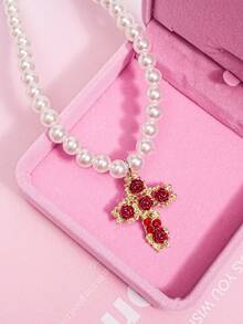 1pc Luxury Red Rose Necklace, Romantic Rose Pendant With Gift Box, Faux Pearl Necklace, Adjustable, Suitable For Women, Valentine's Day Gift, Party Gift, Holiday Gift, Gift For Girlfriend - Style 1 - View 9