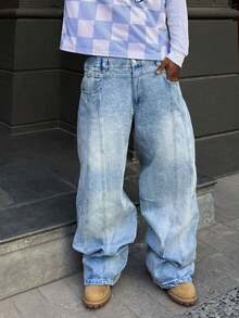 男士时尚休闲复古宽松直筒阔腿水洗牛仔裤 - 藍色 - 查看 3