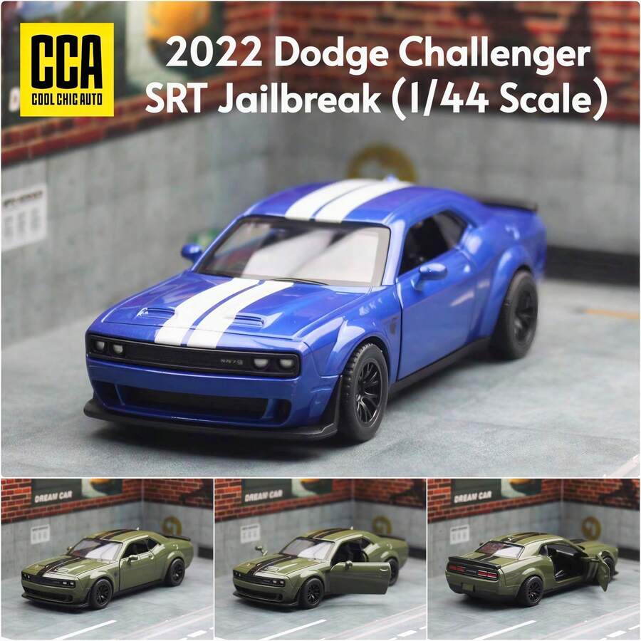 1:44 Dodge Challenger Alloy Car - Military Green/Silver Blue, Alloy Body, Openable Side Doors, Rear-Wheel Drive Function, Detailed Craftsmanship Realistic Reproduction, Toy For Boys And Girls, Model Car Collectors, High-End Gift, Halloween, Christmas, Birthday Gift, Desktop Decor - Multicolor - View 1