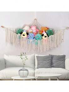 1 件毛绒填充动物悬挂式吊床网秋千，大号装饰性收纳秋千架，适用于家庭客厅卧室，可爱有趣的礼物装饰，100X100X150cm 手工针织三角吊床（不含灯）