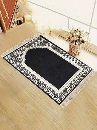 1pc Elegant Portable Prayer Mat - Foldable Home Kneeling Pad With Delicate Floral Pattern, Black And White Design, Suitable For Indoor And Outdoor Use, Ideal For Pilgrimage And Meditation, Study And Hall Mat, Elegant Home Decor, Ramadan Gift, Eid Al-Fitr Supplies