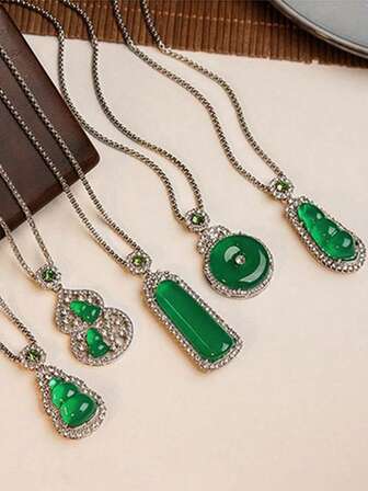 1 pieza Colgante de collar con amuleto tipo jade, colgante con incrustaciones de jade verde esmeralda, adecuado para uso diario y de fiesta