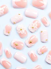 24片短方形美甲贴纸，简约白色法式3D花卉、贝壳、海星、白色仿珍珠美甲贴花，可爱优雅的美甲装饰套装，适合日常佩戴和派对（包含：1瓶果冻胶和1个指甲锉）美甲用品 - 彩色 - 查看 4