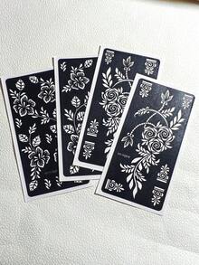 4张花卉图案海娜纹身贴纸，适用于手脚，彩色绘画临时纹身模板，闪光绘画镂空贴纸，用于人体彩绘曼海蒂图案 - 黑色 - 查看 9