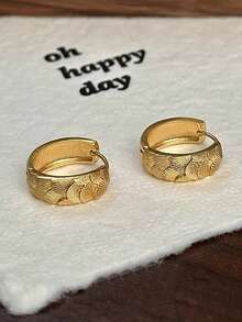1 Pair Minimalist Elegant Unique Asymmetrical Textured Geometric Design Copper Hoop Earrings For Women - Yellow Gold - View 4