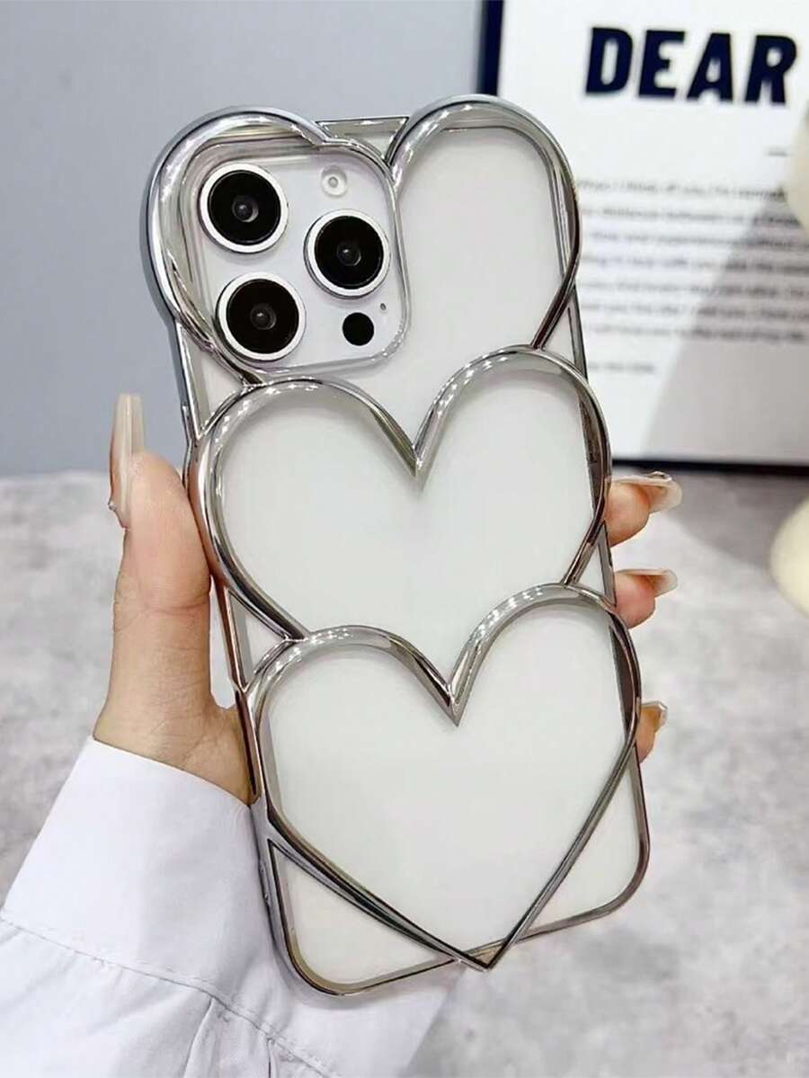2.0CM Anti-Fall TPU Electroplated Hollow Heart Elegant Dopamine Phone Case Compatible With IPhone 11, 12, 12 Pro, 12 Pro Max, 13, 14, 13 Pro Max, 14 Pro Max, 15 Pro Max, 16, 16 Pro, 16 Plus, 16 Pro Max, 17, 16 Pro, 17 Pro, 17 Pro Max - Silver - View 1