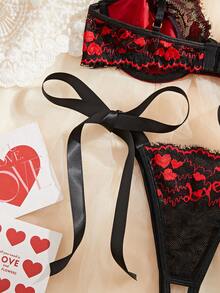 2pcs Women's Bow Tie Lingerie Set, Adjustable Strap Contrast Lace Bra And Panty Set, Sexy Lingerie, Christmas Lingerie - black red - View 8