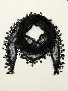 1件式新娘蕾丝头纱，花边装饰，镂空肩部披肩 - 黑色 - 查看 4