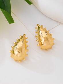 1 par de pendientes de botón con diseño exagerado de gota de agua con textura dorada para mujeres - Amarillo Oro - Ver 4