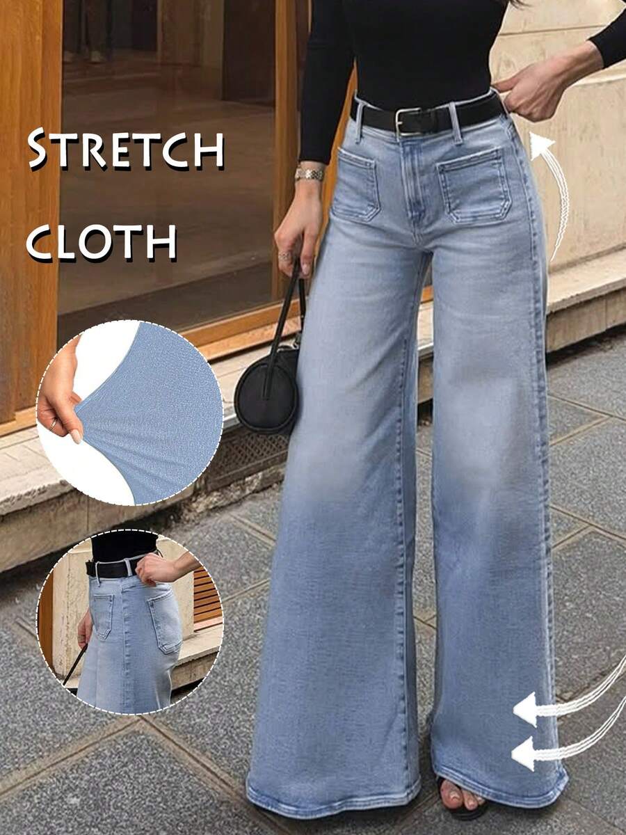 GILIPUR New Y2K Flare Leg Jeans, Light Blue, High Waist, Slim Fit, Stretchy Fabric, Casual Versatile, Streetwear Style, 2000s Retro, Perfect For Winter-Spring 2026, Vintage Outfit, New Year, Valentine's Day, Other Holidays Outings, Parties And Holiday Gifts, Also Suitable For Picnics, Casual Dinners And Concert Nights, Showcasing Refined Elegance With A Casual Flair. - 藍色 - 查看 1