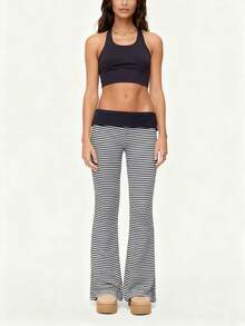 Womens Foldover Pants - Ultra Soft Stratum Tech Performance Striped Elastic Mid Rise Wide Leg Casual Lounge Yoga Pants - Dark Blue - View 4