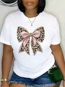 Estampado de lazo leopardo con cinta rosa camiseta básica estilo casual para mujer verano detalles elegantes para fiesta y ocio 220g - Blanco - Ver 1